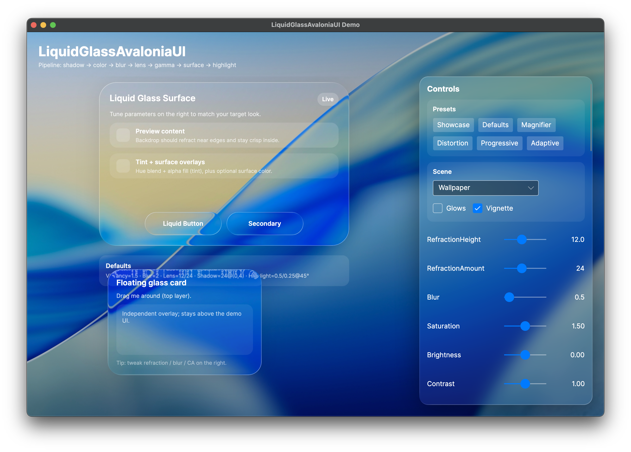 LiquidGlassAvaloniaUI demo showcase
